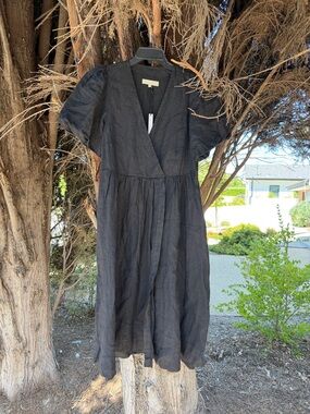 Black Linen V-Neck Maxi Dress with Puff Sleeves